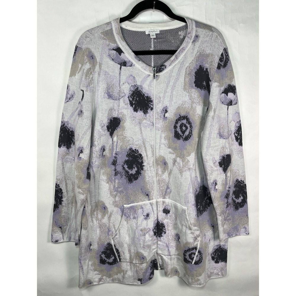 Pure Jill Fit Zip Up Knit Soft Sweater Womens Small L Purple Floral Print Cotton